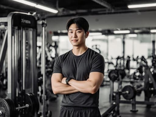 건강하고 활기찬 10대 후반 아시아계 남성이 현대적인 헬스장에서 운동복을 입고 자신감 있게 팔짱을 끼고 서 있으며, 운동 장비와 역동적인 조명이 어우러진 배경 속에서 열정과 도전 의식을 드러내고 있습니다.