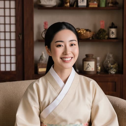 한복을 입은 10대 초반의 한국 소녀가 소파에 편안하게 앉아 상담을 받으며 밝게 웃고 있는 모습입니다. 배경에는 한약재와 전통 장식이 어우러진 따뜻한 분위기의 한의원 내부가 펼쳐져 있어 전체적인 밝고 초대하는 느낌을 더하고 있습니다.