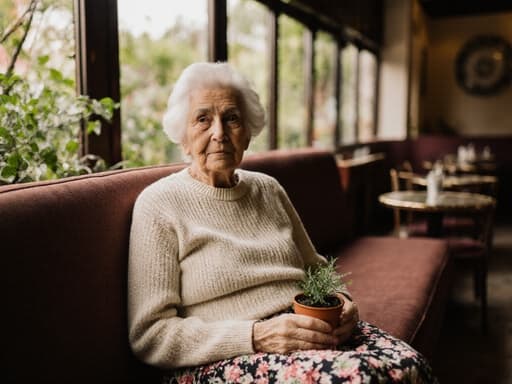 80대 중동계 여성이 소파에 앉아 작은 화분을 들고 있는 반신샷. 그녀는 편안한 니트 스웨터와 꽃무늬 스커트를 입고 있으며, 지루한 표정과 멀뚱한 눈빛을 하고 있다. 배경은 아름다운 정원이 보이는 카페 내부로, 따뜻하고 초대하는 분위기를 만들어낸다.
