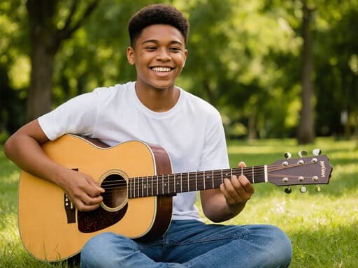 자연스러운 외모의 혼혈 10대 초반 남성이 햇살이 비치는 공원에서 크로스 레그로 앉아 기타를 연주하는 모습의 반신 촬영을 담고 있습니다. 그는 캐주얼한 티셔츠와 청바지를 입고 자유로운 표정을 지으며, 푸르른 배경 속에서 즐거운 분위기를 전달합니다.