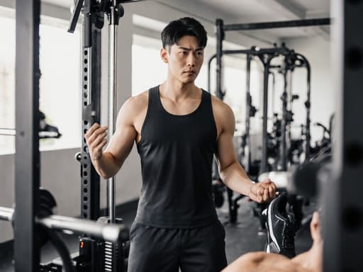 30대 건강한 체격의 한국인 남성이 운동복을 차려입고 있는 반신 사진입니다. 그는 고객의 운동 성과에 대해 걱정스러운 표정을 지으며, 운동 기구를 시연하는 모습입니다. 배경은 다양한 운동 기구가 배치된 밝고 활기찬 트레이닝룸입니다.