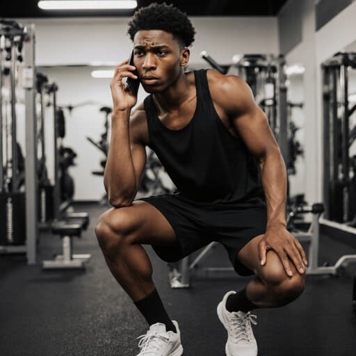 10대 초반 아프리카계 남성이 반신 촬영에서 운동복과 스니커즈를 착용하고 있습니다. 그는 걱정스러운 표정을 지으며 한 손으로 머리를 감싸고 전화기를 귀에 대고 있으며, 헬스장에 있는 운동 기구와 거울이 배경으로 보입니다.