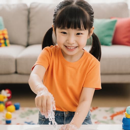 7세 한국인 소녀가 반신 촬영으로 포착되어 귀엽고 발랄한 매력을 발산하고 있습니다. 화사한 색상의 티셔츠와 청바지를 입고, 장난스럽고 즐거운 표정을 지으며 손을 씻고 있습니다. 한 손으로 물을 모으고 있으며, 밝고 아늑한 거실 배경에는 소파와 장난감이 있어 이 이미지의 즐겁고 재미있는 주제를 강조합니다.