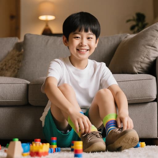 아늑한 거실에서 소파에 앉아 신발을 신기 위해 발을 들어올리고 있는 귀여운 웃음을 띤 7세 한국 남자아이의 반신 사진. 그는 편안한 티셔츠와 반바지, 밝은 색상의 양말을 신고 있으며, 장난감들이 있는 놀이 분위기 속에 있습니다.