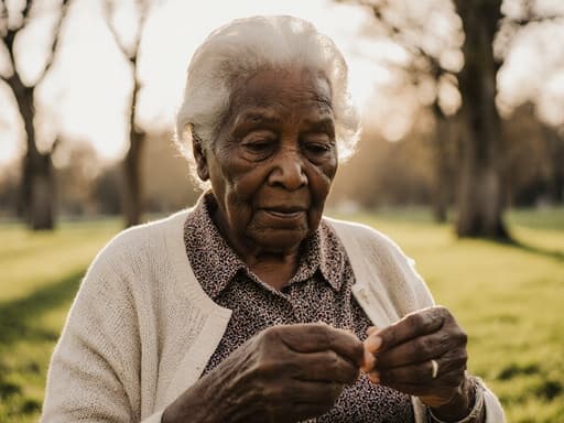80대의 흑인 여성의 반신 사진으로, 주름이 있는 얼굴과 부드러운 눈빛을 보여줍니다. 그녀는 전통적인 패턴의 블라우스와 편안한 카디건을 착용하고 있으며, 따뜻하고 매력적인 스타일을 드러냅니다. 외로운 그리움이 느껴지는 표정으로 조용히 공원에 앉아 바느질을 하고 있는 모습이며, 손에는 바늘과 실을 들고 있습니다. 배경은 푸른 잔디와 나무가 어우러진 공원으로 따뜻한 햇살이 비추고 있어 평화롭고 반성적인 분위기를 더하고 있습니다.