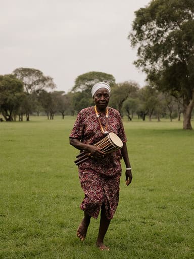 전통적인 아프리카 의상을 입고 한 손에 전통 악기를 쥐고 천천히 걷고 있는 80대 아프리카계 여성의 전신 사진입니다. 그녀의 표정은 외로움을 느끼고 있으며, 푸른 잔디가 깔린 공원과 멀리 보이는 나무들 속에서 평화롭고 사색적인 분위기를 자아냅니다.