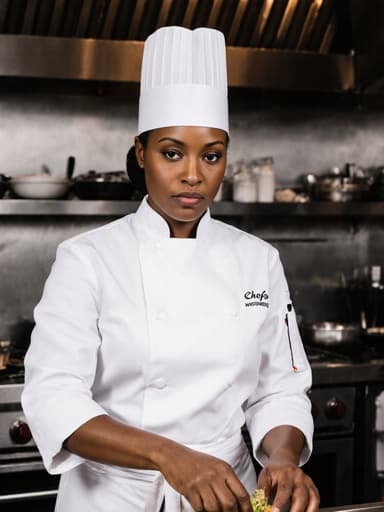 30대 흑인 여성이 흰색 조리복과 요리 모자를 착용하고 레스토랑 주방에서 재료를 준비하는 모습입니다. 주방의 분위기는 활기차고 다양한 조리 도구들로 가득 차 있어 요리 주제를 강조합니다.