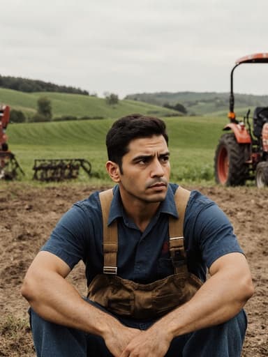 자연스러운 외모의 30대 라틴계 남성이 작업복과 농업 장비를 착용한 채로 바닥에 팔짱을 끼고 지루한 표정을 지으며 생각에 잠겨 있는 모습, 아름다운 농장 풍경을 배경으로 한 반신 사진.