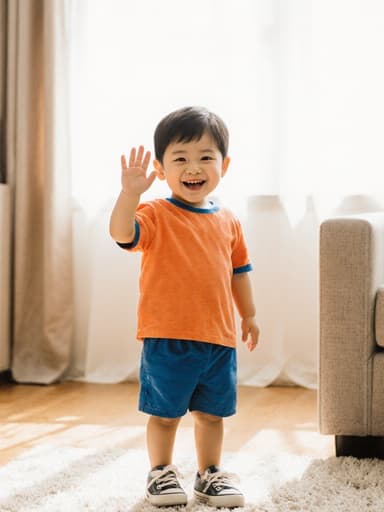 아늑한 거실에서 햇살이 들어오는 가운데, 손을 흔들며 즐겁게 미소짓고 있는 귀여운 3세 남자 한국인의 반신 사진입니다.