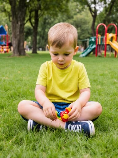 푸른 잔디가 깔린 공원에서 크로스 레그로 앉아 장난감을 가지고 노는 귀여운 7세 유럽계 남자아이의 반신 샷입니다. 밝은 색상의 티셔츠와 반바지, 운동화를 착용하고 호기심 어린 표정으로 장난감에 집중하고 있습니다. 배경에는 생기 넘치는 놀이터와 여러 나무들이 있어 밝고 즐거운 분위기를 더해줍니다.