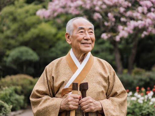 전통 한복을 입은 70세의 동양인 남성이 만개한 꽃들과 푸른 나무들로 가득한 아름다운 공원에서 공예 도구를 들고 고마운 미소를 지으며 서 있습니다.