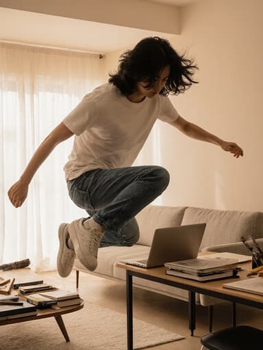 20대 동양인 남성이 긴 머리를 늘어뜨리고 현대적인 거실에서 창작 도구를 피하며 점프하는 모습입니다. 그는 캐주얼한 티셔츠와 청바지를 입고 있으며, 머리를 약간 숙인 채 긴장한 표정으로 집중하고 있습니다. 따뜻한 조명이 비치는 배경에는 책과 노트북이 놓인 테이블이 있습니다.