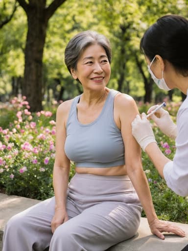 50대 동양인 여성의 반신 촬영으로, 자연스러운 아름다움을 보여줍니다. 그녀는 편안한 운동복과 간편한 스니커즈를 착용하고 있으며, 캐주얼하면서도 세련된 모습을 연출합니다. 매력적인 미소를 지으며 긍정적인 감정을 표현하고 있고, 예방 접종을 기다리는 듯한 자세로 약간 앞으로 기울여 앉아 있습니다. 배경은 푸르른 나무와 꽃이 만발한 공원으로, 따뜻한 햇살 아래 평화롭고 초대하는 분위기를 자아냅니다.