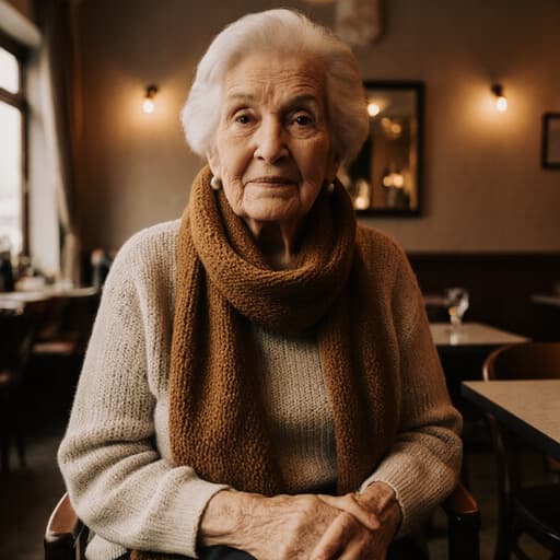80대의 라틴계 여성의 반신 사진으로, 아늑한 카페에 편안하게 앉아 있습니다. 그녀는 부드러운 니트 스웨터와 따뜻한 색상의 스카프를 착용하고 있습니다. 가족과의 대화에 집중하며 평온한 표정을 짓고 있고, 손은 무릎에 얹고 기다리는 자세입니다. 배경은 따뜻한 조명이 비추는 아늑한 카페의 내부로, 나무 테이블과 의자들이 어우러져 차분하고 환영하는 분위기를 만들어냅니다.