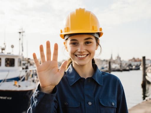 10대 초반의 유럽계 소녀가 작업복과 안전모를 착용하고, 활기찬 표정으로 손을 흔들며 항구의 배경 속에서 인사하는 모습입니다. 그녀의 친근한 표정은 힘든 해양 환경에서의 열정을 잘 담고 있습니다.