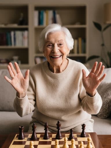 80대의 유럽계 여성의 반신 사진으로, 자연스러운 외모를 가진 그녀는 부드러운 색상의 스웨터와 편안한 바지를 입고 있습니다. 친근한 표정을 지으며 따뜻한 미소를 띠고, 체스판 앞에서 춤추듯이 손을 흔들며 즐거워하고 있습니다. 아늑한 거실은 소파와 책장이 배치되어 있으며, 따뜻한 조명 아래 편안하고 초대하는 분위기를 자아냅니다.