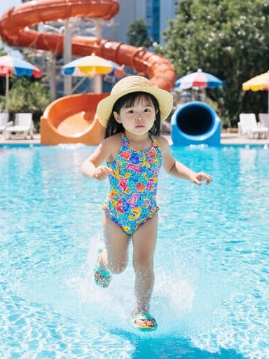 화려한 수영복과 모자를 쓴 귀엽고 사랑스러운 3세 한국인 여아의 반신 사진으로, 물놀이 슬라이드를 향해 달려가며 지루한 표정을 짓고 있습니다. 배경은 다채로운 파라솔과 의자가 놓인 푸른 수영장으로, 즐거운 물놀이 환경을 보여줍니다.