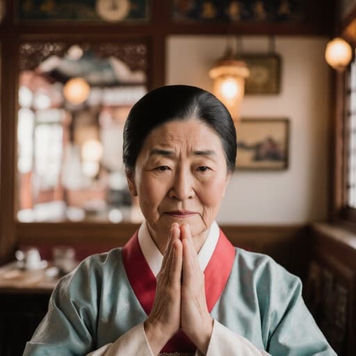 70대 한국인 여성이 전통 한복을 입고 피곤한 표정을 지으며 상대방에게 인사하는 모습의 반신 샷. 아늑한 카페 내부는 전통적인 요소로 장식되어 있어 따뜻하고 초대하는 분위기를 자아냅니다.
