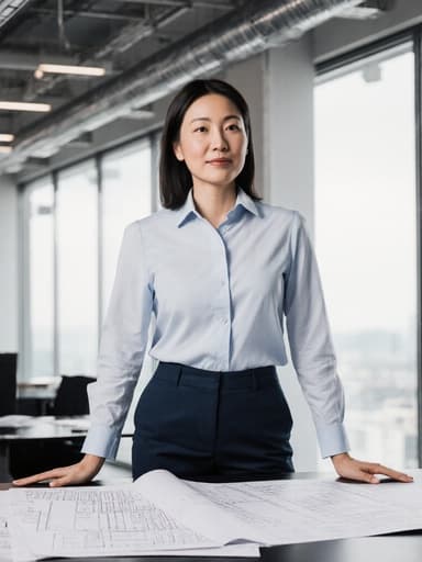 40대 동양인 여성이 전문적인 블라우스와 슬랙스를 입고, 손을 허리에 두고 편안하게 스트레칭하는 모습의 반신 사진. 배경은 디자인 도면과 샘플이 놓인 현대적인 건축 사무소의 내부이다.