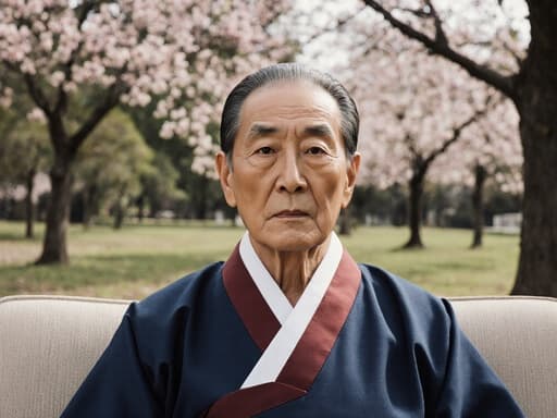 70대 한국인 남성이 전통 한복을 입고 소파에 편안하게 앉아 있는 반신 사진이 촬영되었습니다. 무관심한 표정을 지으며, 나무와 꽃들로 가득한 평화로운 공원에 둘러싸여 있어 전통의 아름다움을 반영하는 차분한 분위기를 자아냅니다.