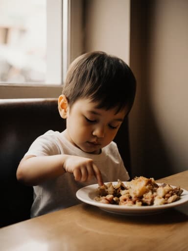 아늑한 카페 창가에 앉아 있는 1세 혼혈 남자 아동의 반신 촬영, 졸린 표정을 지으며 식탁 위의 음식을 손가락으로 가리키고 있는 모습. 편안한 티셔츠와 반바지를 입고 있으며 따뜻하고 초대하는 분위기를 연출합니다.