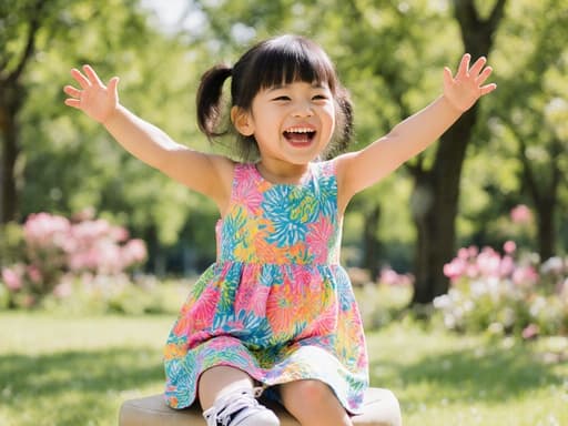 활기찬 3세 동양인 여아가 화려한 색상의 원피스와 스타일리시한 운동화를 입고 반신 촬영된 모습입니다. 그녀는 햇빛이 잘 드는 공원에서 의자에 앉아 있으며, 아름다운 나무와 꽃들로 둘러싸여 있습니다. 활발하고 즐거운 표정을 지으며 양팔을 벌려 춤을 추는 듯한 자세로, 장난기 넘치고 생기 있는 분위기를 자아냅니다. 이 장면은 그녀의 생동감 넘치는 개성을 강조하며, 밝고 다채로운 배경과 완벽하게 조화되어 따뜻하고 매력적인 분위기를 만들어냅니다.