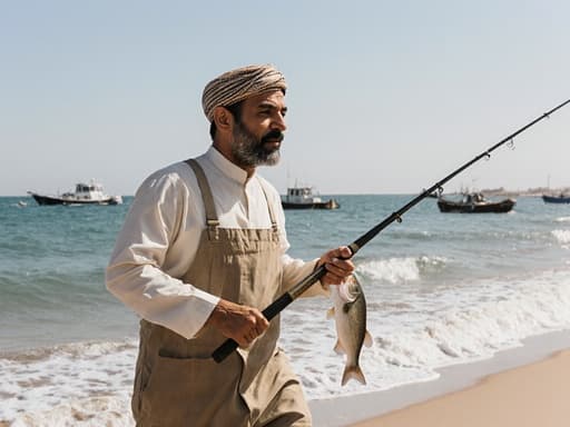 40대 중동계 남성이 전통 어부의 작업복과 모자를 착용하고 해변에서 물고기를 잡아당기며 달리는 중간 샷입니다. 그의 평온하고 자신감 있는 표정은 배경의 고요한 바다와 어선과 잘 어울려 생동감 있으면서도 평화로운 분위기를 만들어냅니다.