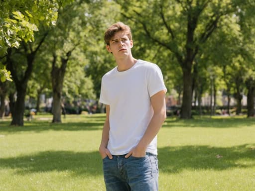 20대 백인 남성이 편안한 티셔츠와 청바지를 입고 화창한 공원에 서 있습니다. 그는 걱정스러운 표정을 지으며 손을 주머니에 넣고 몸을 약간 기울인 채로 마치 춤추는 듯한 자세를 취하고 있습니다. 나무와 잔디가 있는 평화로운 배경이 그의 사색적인 모습을 한층 돋보이게 합니다.