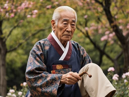 전통 한복을 입은 80대 동양인 남성의 반신 촬영으로, 깊은 주름과 흰 머리를 가진 모습입니다. 그는 걱정스러운 표정을 짓고 있으며, 공예 도구를 들고 한 발을 춤추듯이 들고 있습니다. 배경은 나무와 꽃이 가득한 푸르른 공원입니다.