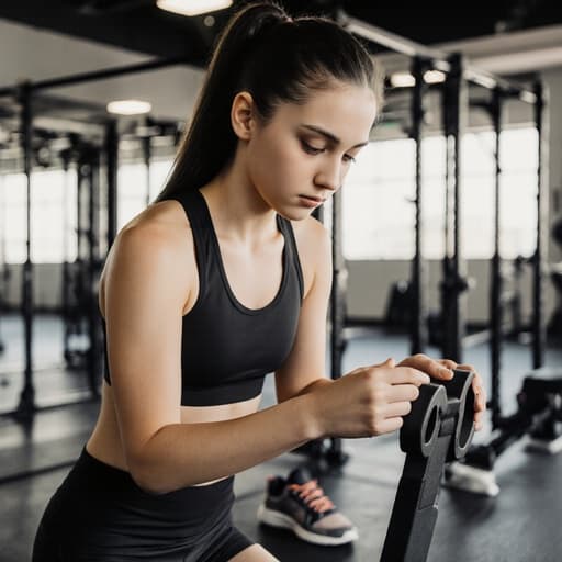 유럽계 10대 초반 소녀가 스타일리시한 운동복을 입고 운동 장비를 살펴보며 평온한 표정을 짓고 있습니다. 배경은 다양한 운동 도구로 가득한 활기찬 훈련 시설로, 에너지와 집중력을 나타냅니다.