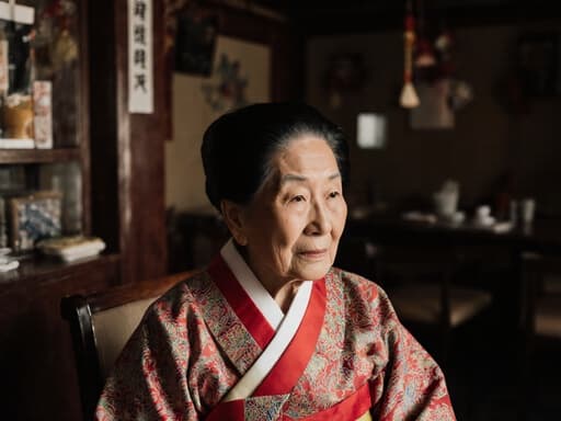 아늑한 카페에 편안하게 앉아 있는 80대 동양인 여성, 전통적인 화려한 한복을 입고 있습니다. 따뜻한 조명과 전통적인 장식이 어우러져 그녀의 자연스러운 아름다움과 지혜로운 표정을 강조하는 매력적인 분위기를 만들어냅니다.