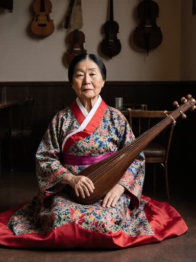 80대 한국인 여성의 전신 사진으로, 아늑한 카페 바닥에 앉아 있으며 전통 악기로 둘러싸인 모습. 화려한 한복을 입고 전통 악기를 쥐고 있으며 무관심한 표정을 짓고 있다.