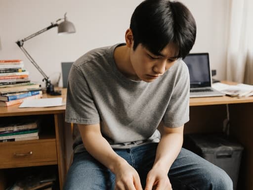 10대 후반의 동양인 남성이 자연스러운 외모로 캐주얼한 티셔츠와 청바지를 입고 의자에 앉아 신발을 신는 모습입니다. 약간 찡그린 표정으로 집중하고 있으며, 배경은 책과 노트북이 놓인 공부방으로 집중과 생산성을 전달합니다.