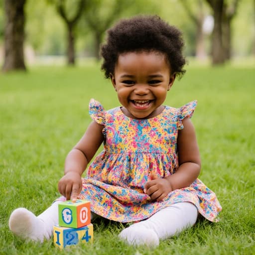밝은 색상의 원피스와 레깅스를 입은 장난스러운 표정의 1세 아프리카계 여성 아기가 초록 잔디 위에 앉아 작은 숫자 블록을 손으로 가리키며 미소 짓고 있는 모습, 아름다운 공원에서 나무들로 둘러싸인 장면.