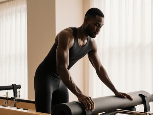 편안한 필라테스 의상을 착용한 30대 흑인 남성이 우아하게 집중하며 필라테스 매트를 정리하는 모습의 반신 사진, 아름답고 조용한 스파 내부에서 자연광이 들어와 편안한 분위기를 더하고 있습니다.