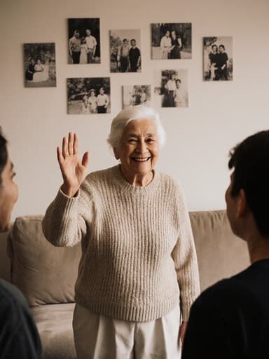 80대 중동계 여성이 편안한 집안복을 입고, 가족과의 대화 중 행복하게 미소짓고 있는 모습을 담은 전신 사진. 아늑한 거실에 가족 사진이 장식되어 있다.