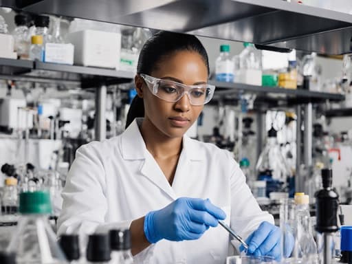 실험실 코트와 안전 안경을 착용한 30대 아프리카계 여성의 반신 사진입니다. 그녀는 현대적인 화학 실험 공간에서 실험 도구를 조작하며 평온하고 집중한 표정을 짓고 있으며, 그녀의 전문성과 몰입감을 강조하는 첨단 과학 장비들로 둘러싸여 있습니다.