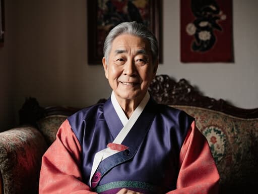 이 이미지는 70대의 따뜻한 마음을 가진 한국 남성이 자연스러운 은발과 친근한 미소를 띤 모습으로, 화려한 전통 한복을 입고 푹신한 소파에 앉아 있는 모습을 담고 있습니다. 그의 손은 무릎 위에 편안하게 놓여 있으며, 전통 장식이 있는 아늑한 거실 배경이 문화유산을 잘 나타내고 있습니다.