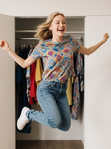 다양한 의상이 걸려 있는 옷장 앞에서 기쁜 표정으로 점프하고 있는 10대 초반의 백인 소녀의 전신 사진. 그녀는 화려한 패턴의 티셔츠와 세련된 청바지를 착용하고 있으며, 그녀의 생기 넘치는 개성과 패션에 대한 열정을 보여줍니다.