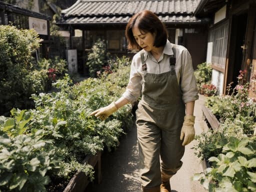 40대 한국인 여성의 반신 상반신 사진으로, 짙은 갈색 머리를 가진 자연스러운 외모를 지니고 있습니다. 편안한 작업복과 장화를 착용하고 장갑을 낀 채로, 작은 카페의 아름다운 야외 정원에서 식물의 상태를 살펴보며 걱정스러운 표정을 짓고 있습니다. 그녀는 때때로 잎사귀를 만지작거리며 주변의 생동감 있는 녹색과 꽃들로 가득 차 있는 장면은 평화롭지만 걱정스러운 분위기를 자아냅니다.
