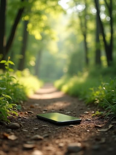 여름 숲속 오솔길에 스마트폰, 나뭇잎 사이로 스며드는 산뜻한 햇빛, 질감 있는 땅 위에 부드러운 그림자, 평화롭고 매력적인 분위기.