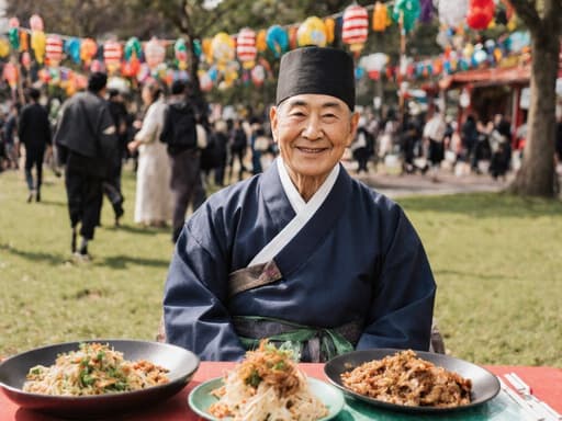 전통 한복을 입고 따뜻한 미소를 지으며 전통 음식을 앞에 두고 앉아 있는 70대 한국인 남성의 반신 사진으로, 전통 축제의 활기가 넘치는 공원 배경이 어우러져 있습니다.
