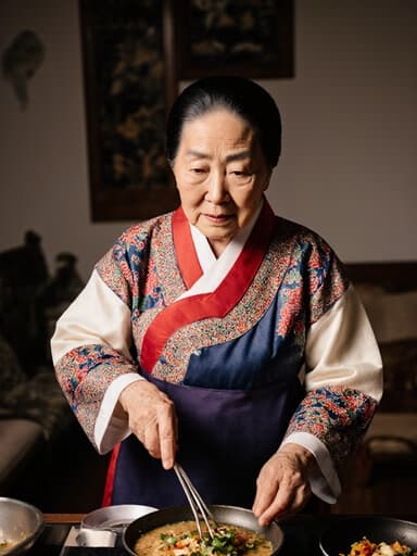 80대 동양인 여성으로 화려한 전통 한복을 입고 아늑한 거실에서 전통 장식과 함께 음식을 만들고 있습니다. 그녀는 음식 재료를 손에 들고 조리 도구를 사용하며 평온한 표정으로 요리에 집중하고 있어, 따뜻한 전통 요리의 분위기를 만들어냅니다.