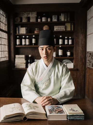 부드러운 파스텔 한복을 입은 10대 초반의 혼혈 남성이 놀란 표정을 지으며 나무 테이블에 앉아 전통 한의학 서적을 바라보는 모습이 따뜻하게 꾸며진 한의원의 내부에서 촬영된 이미지입니다.