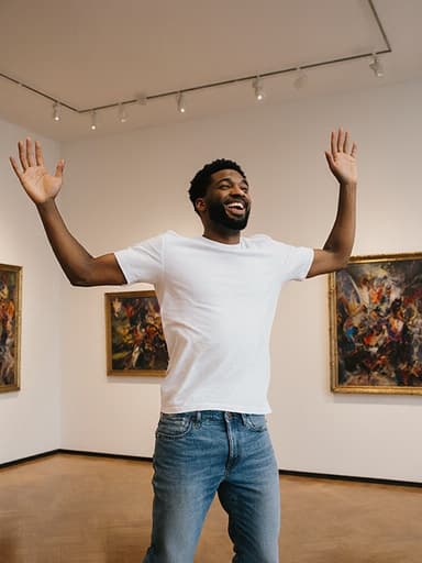 20대 혼혈 남성이 캐주얼한 흰색 티셔츠와 청바지를 입고, 예술 작품으로 가득한 갤러리에서 활기차게 점프하며 두 팔을 올리고 있는 전체 몸샷, 밝고 현대적인 분위기가 느껴지는 이미지입니다.