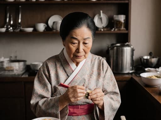 70대의 혼혈 여성 할머니가 아름다운 패턴의 한복을 입고 아늑한 카페에서 전통 음식을 만들기 위한 재료를 들고, 그리움이 가득한 눈빛으로 서 있는 모습. 따뜻하고 초대하는 분위기 속에서 전통적인 정취가 느껴진다.