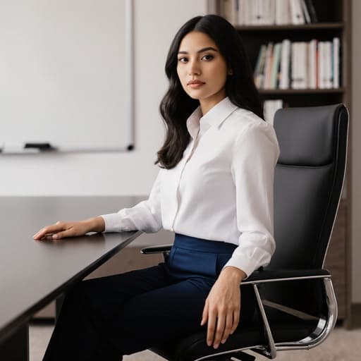 자신감 있는 10대 후반의 라틴계 여성이 현대적인 회의 테이블에 앉아 있으며, 세련된 블라우스와 슬랙스를 착용하고 있습니다. 그녀는 반신 샷으로 포즈를 취하고 있으며, 손은 편안하게 테이블 위에 놓여 있습니다. 배경은 화이트 보드와 책장이 있는 세련된 회의실로, 전문적인 분위기를 강조합니다. 그녀의 표정은 자신감 있고 세련되어 주제와 잘 어우러집니다.