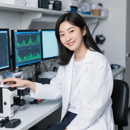 실험실 가운을 입고 캐주얼한 의상을 착용한 10대 후반의 한국인 여성이 분석 기기를 살펴보며 행복하게 미소 짓고 있는 모습, 데이터 화면이 가득한 실험실에서 연구에 대한 열정을 전달하고 있습니다.