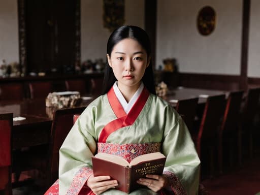 전통적인 한복을 입은 10대 초반의 동양인 소녀의 반신 사진입니다. 그녀는 치료실에 앉아 있으며, 전통 치료법에 관한 책을 들고 있습니다. 진지한 표정은 그녀가 주제에 깊이 몰입하고 있음을 나타냅니다. 방의 전통적인 장식은 문화적인 분위기를 더욱 강조하며, 매력적이고 의미 있는 이미지를 만들어냅니다.