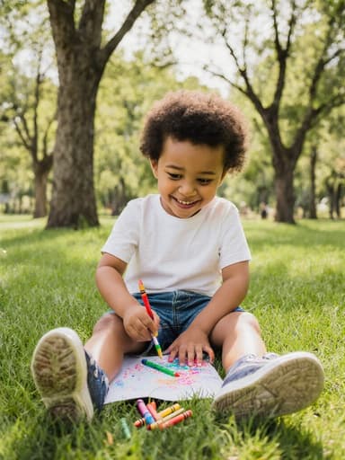 이미지는 편안한 티셔츠와 반바지를 입고 스니커즈를 신은 귀엽고 사랑스러운 3세 혼혈 남아가 공원의 잔디 위에 앉아 있는 반신 사진을 담고 있습니다. 그는 그림 그리기를 하며 장난스럽게 웃고 있고, 주변은 푸르른 나무와 풀로 둘러싸여 있으며, 부드러운 햇살이 씬을 비추고 있어 즐겁고 자유로운 분위기를 전합니다.